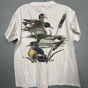 Vintage Y2K Al Agnew By Blue water White Shirt Ducks Hunt Fish Small Stain